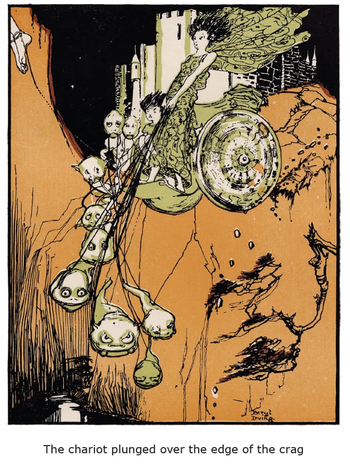 Beryl Irving’s original illustration of the Witch of Worum riding in her goblin-drawn chariot.